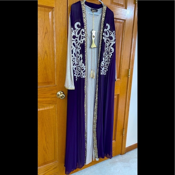 Formal Dress Sizes XL 2XL 3XL 4XL Purple Gold Long Sleeves 2pc Maxi SULTAN Abaya - Picture 2 of 13